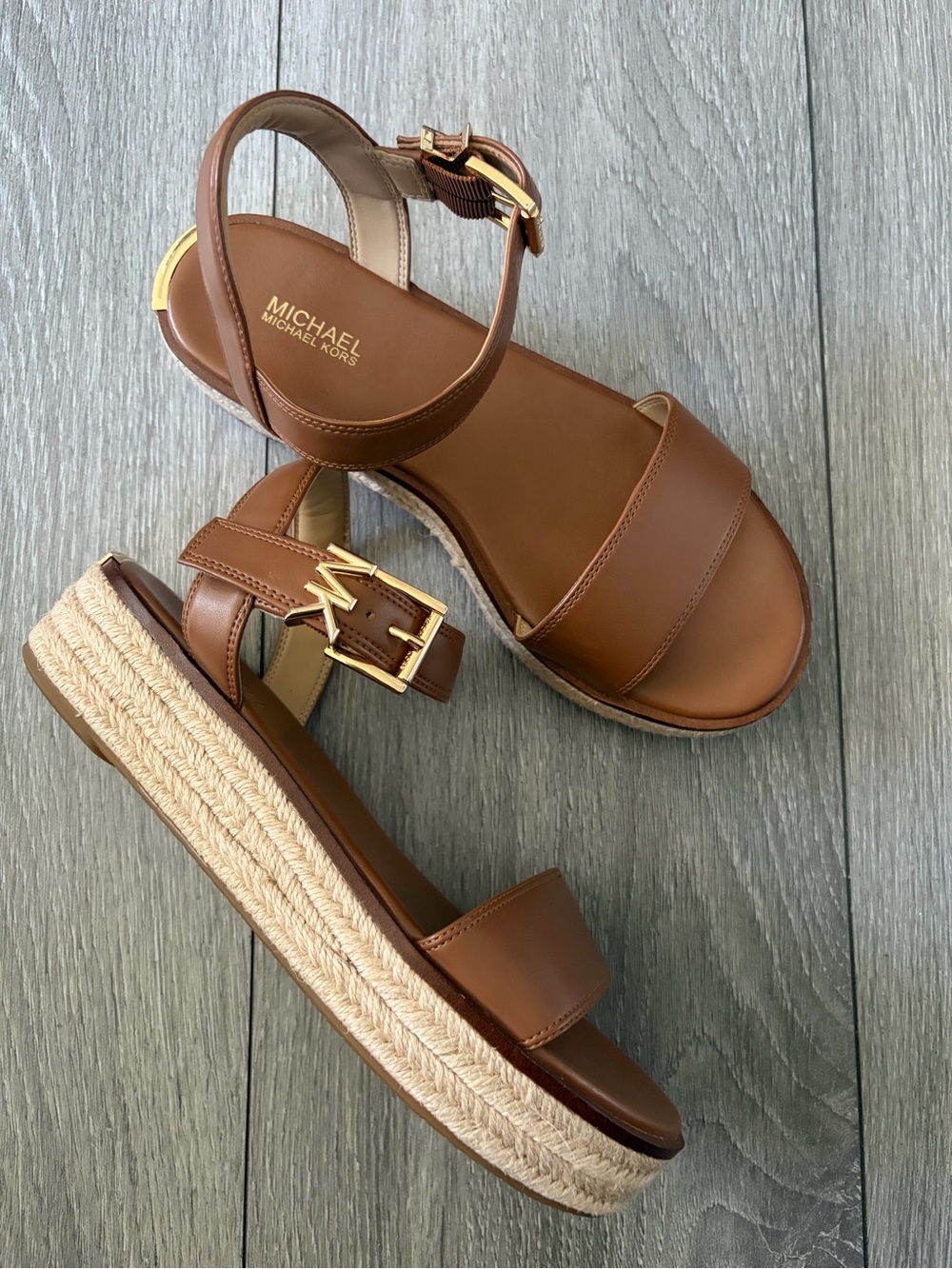 Michael Kors Brown Leather Espadrille Sandals with Gold Buckle size 7